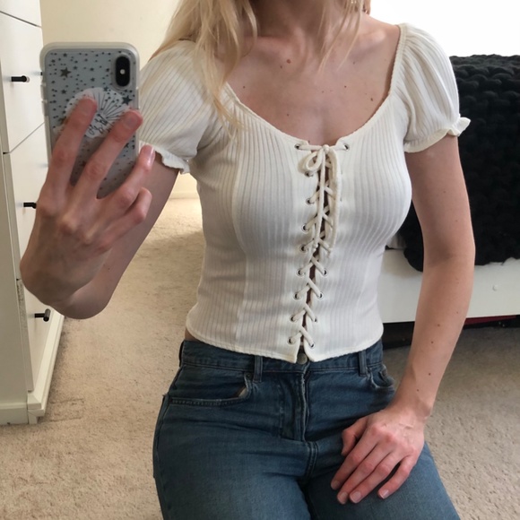 Reformation White Ribbed Tie Front Corset Sundance Top with Ruffle Sleeves - Picture 4 of 6